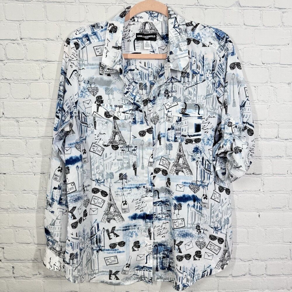 Charming Parisian Print Blouse - Blue and White